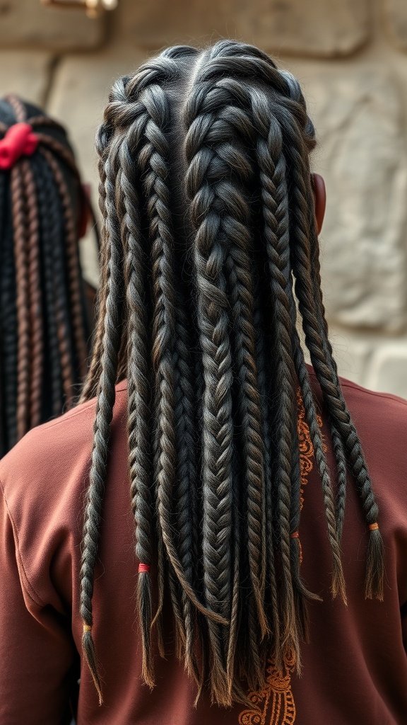 A close-up view of knotless braids showcasing intricate patterns and vibrant colors.
