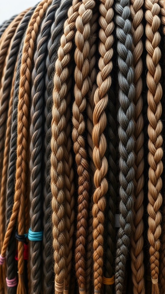 An array of brown knotless braids in various shades and styles.
