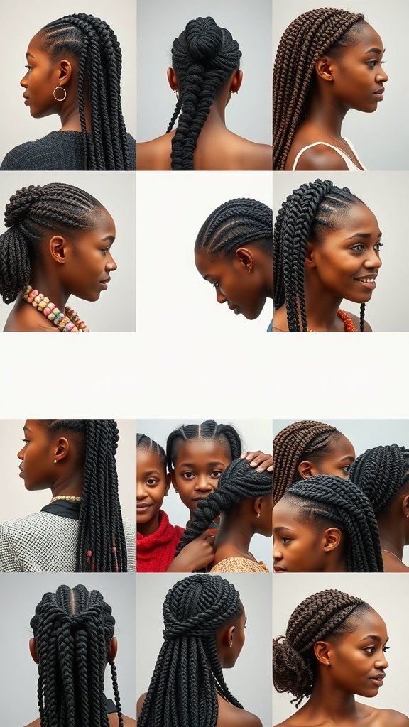A collage of various styles of small knotless braids, showcasing different cultural influences and creative expressions.