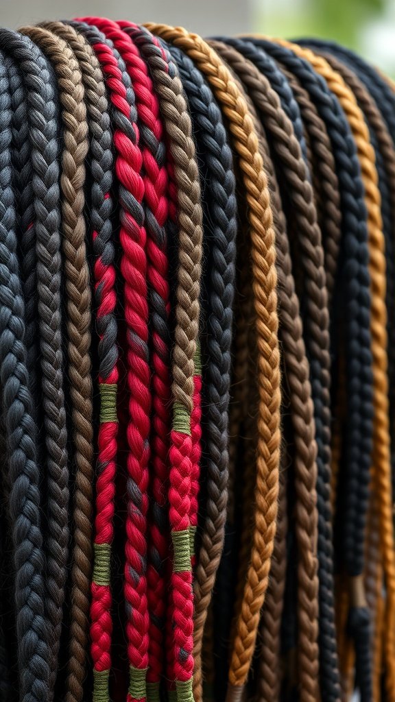 An assortment of small knotless braids in various colors, showcasing different styles and lengths.