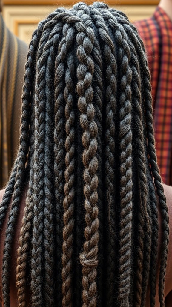 A close-up view of large knotless braids, showcasing intricate patterns and textures.