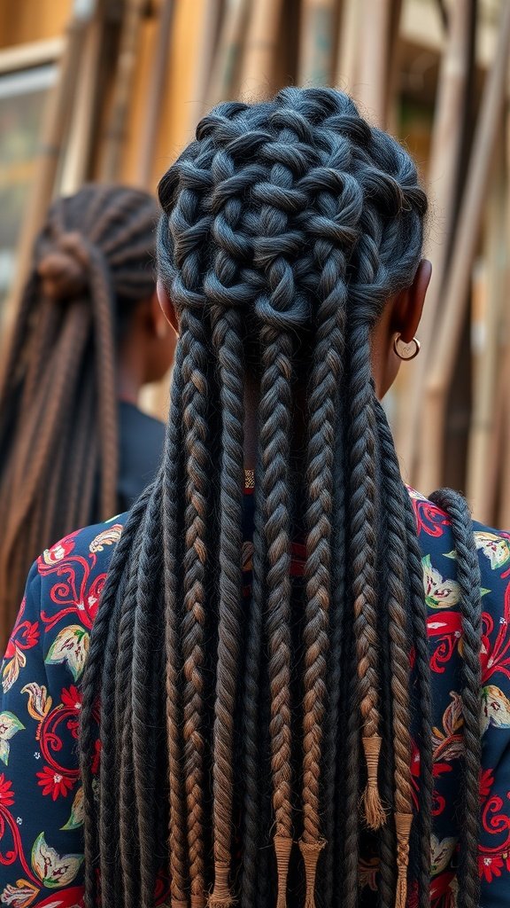 A close-up view of intricate knotless braids styled beautifully, showcasing a blend of colors and patterns.