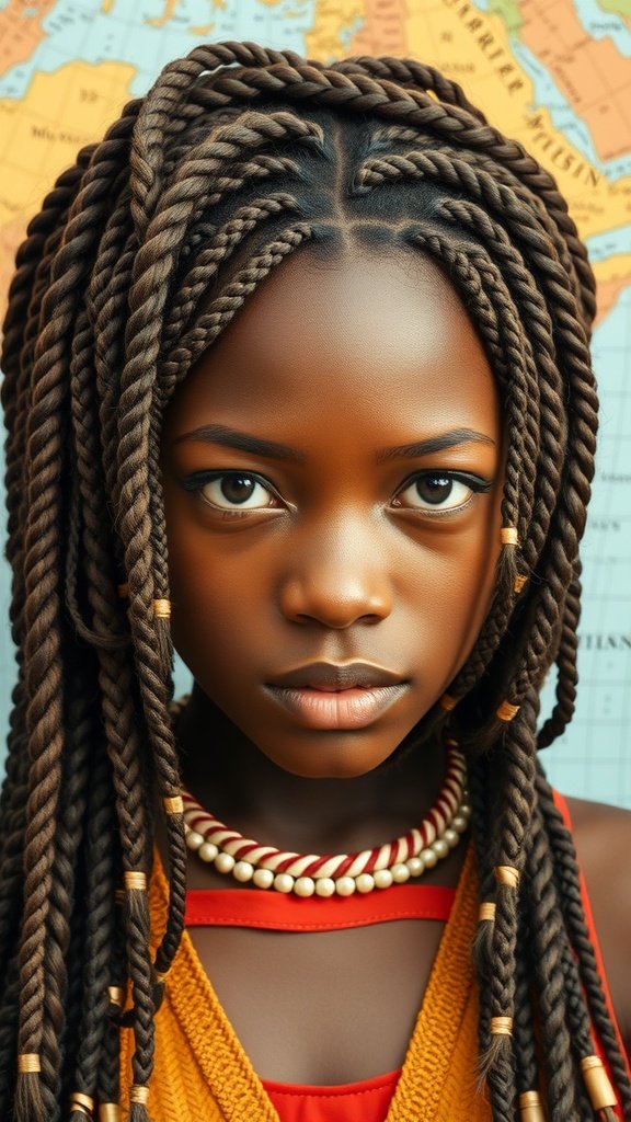 A young girl with short boho knotless braids, wearing a vibrant outfit, standing in front of a world map.