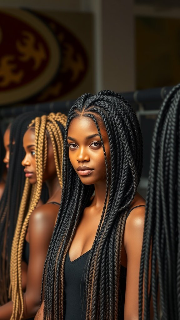 A group of women showcasing different styles of knotless braids in various lengths.