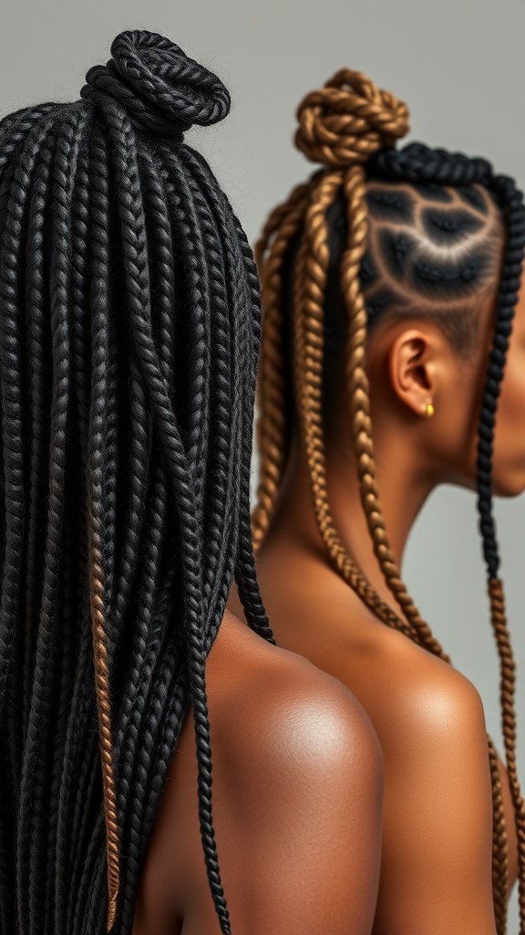 Two women showcasing different styles of knotless braids, one with long black braids and the other with shorter, lighter-colored braids.