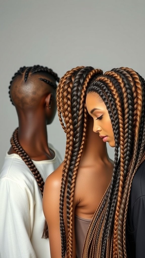 Two individuals showcasing different lengths of knotless braids, highlighting versatility and style.
