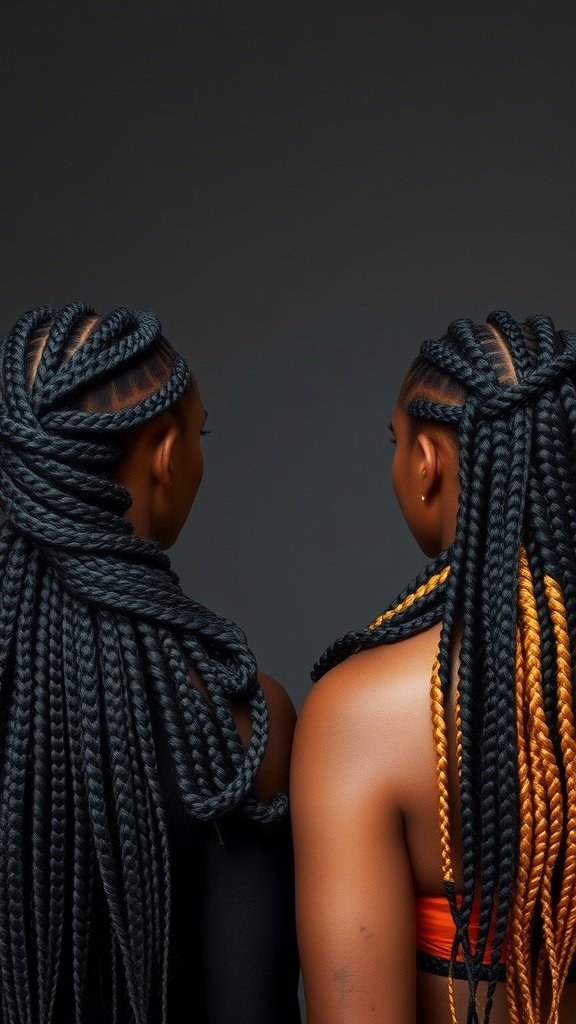 Two individuals with knotless braids, one with black braids and the other with orange highlights.