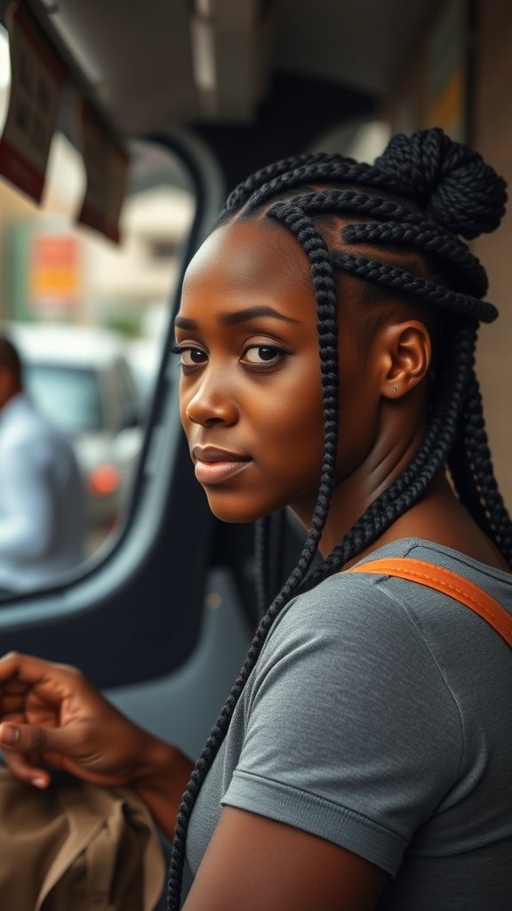 A woman with knotless braids and curly ends, looking confidently at the camera.