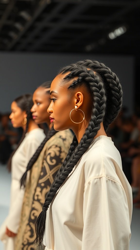 Models showcasing stylish knotless braids on a fashion runway.