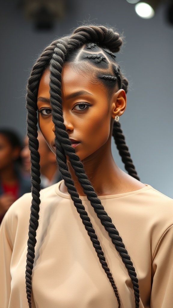 Model showcasing knotless braids with curly ends, emphasizing a trendy hairstyle.