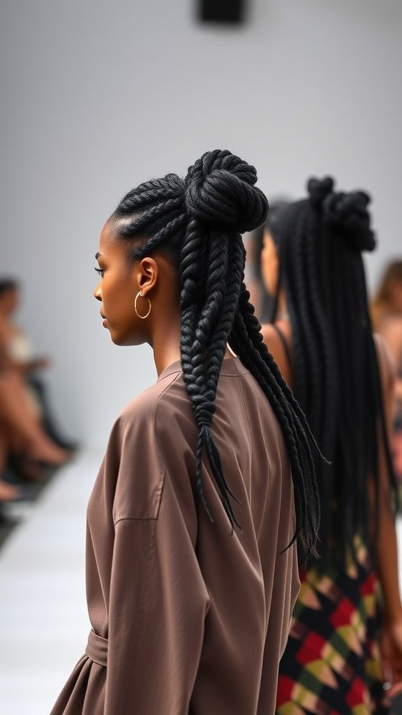 A model showcasing knotless braids styled with curls on a fashion runway.