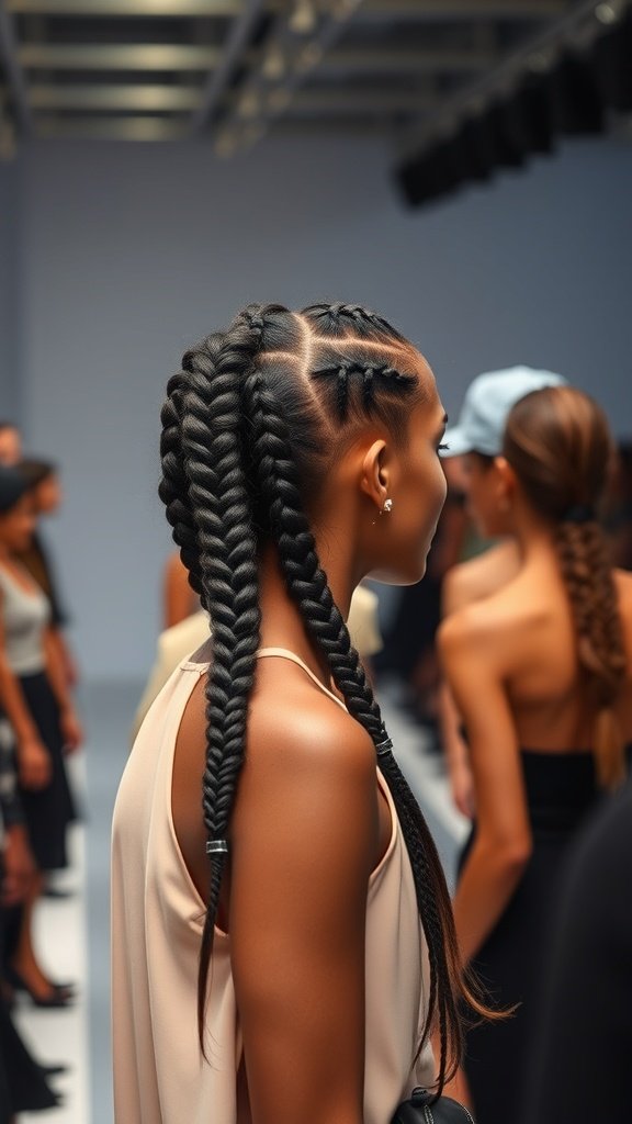 A model showcasing stylish knotless braids at a fashion event.