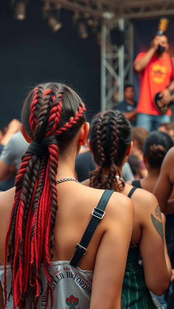 Festival-goers with knotless braids, showcasing vibrant styles and colors.