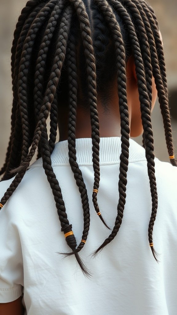 A close-up view of long twisted knotless braids styled with subtle accessories.