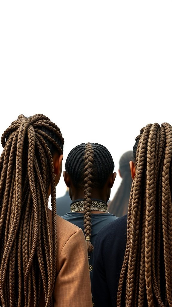 A group of individuals with knotless braids, showcasing different styles and lengths.
