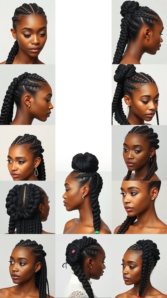 A collage of various styles of large boho knotless braids showcasing different hairstyles and looks.