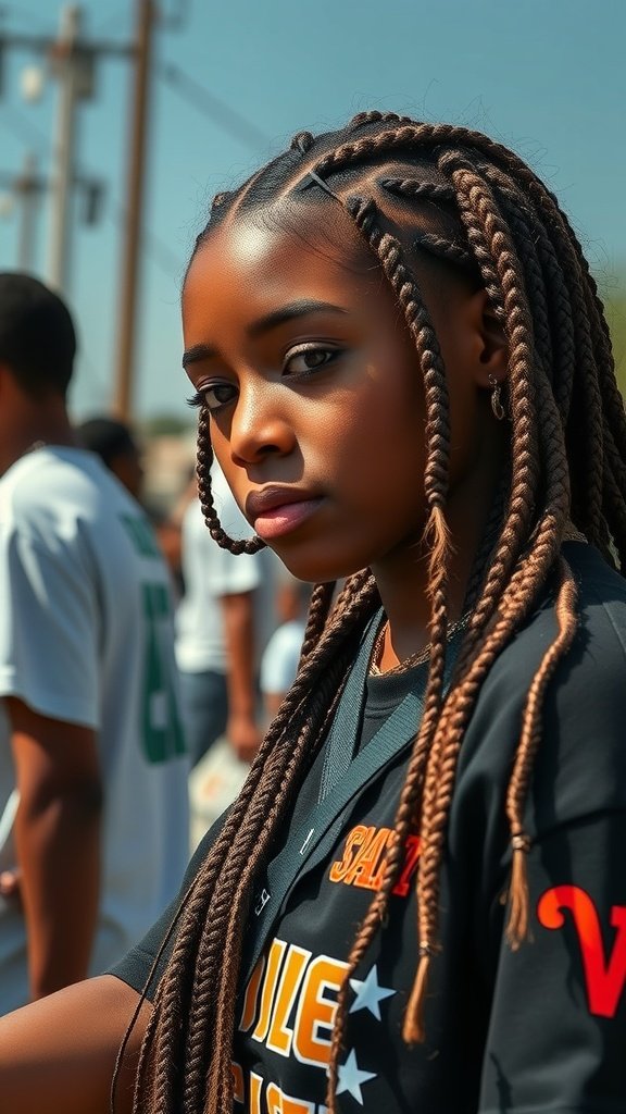 A young woman with large boho knotless braids, showcasing a stylish and cultural hairstyle.