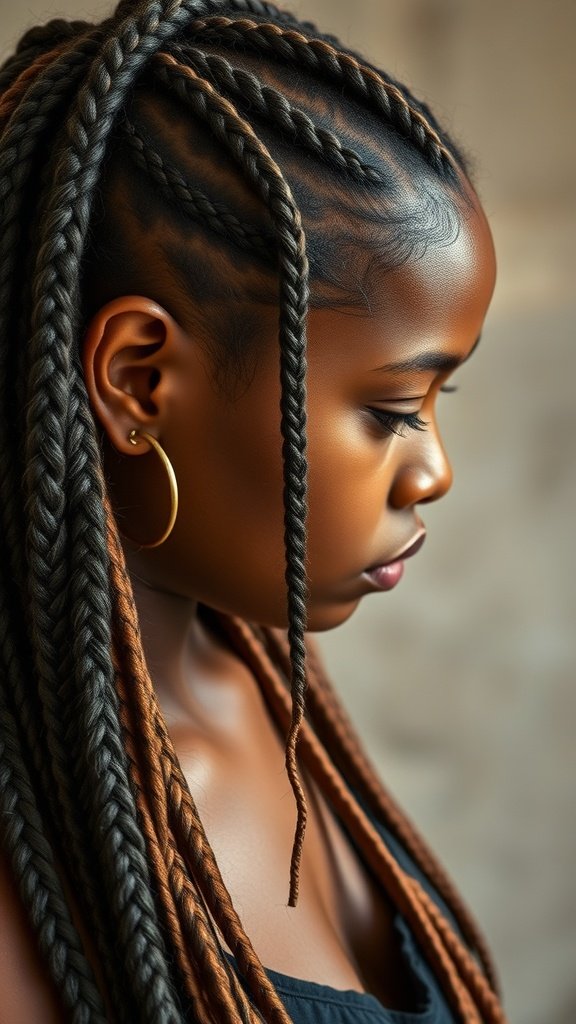 A young girl with honey blonde knotless braids, showcasing a stylish and modern hairstyle.
