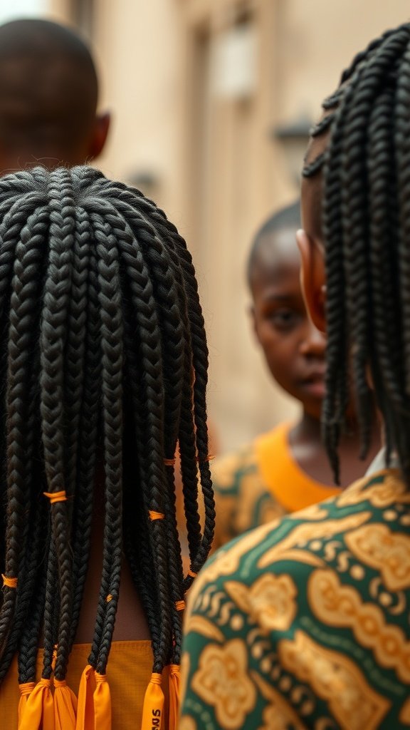 A group of individuals showcasing knotless braids with vibrant orange ties, highlighting a blend of traditional and modern styles.