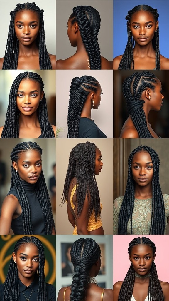 A collage of various styles of small knotless braids showcasing different looks and techniques.