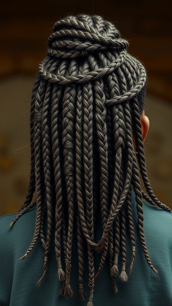A person with large knotless braids styled in an intricate pattern, showcasing the beauty and versatility of this hairstyle.
