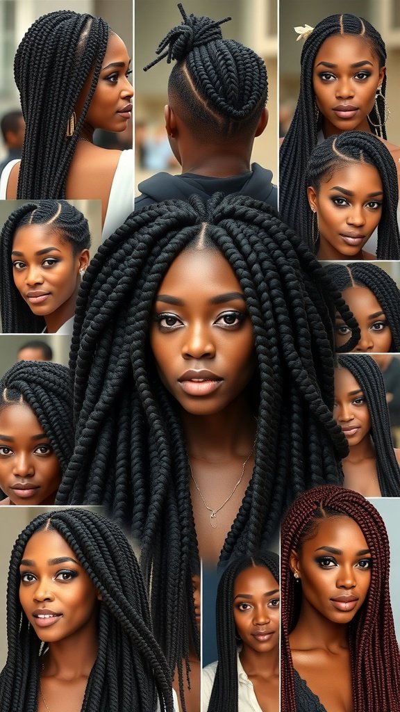 A collage of various styles of large knotless braids, showcasing different lengths and designs.