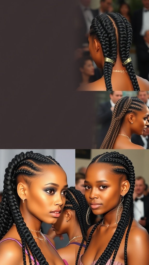 A woman showcasing medium boho knotless braids, highlighting a stylish and modern hairstyle.