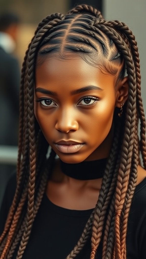 A close-up of a person with small boho knotless braids, showcasing intricate styling and a confident expression.
