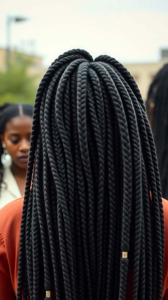 A close-up view of large knotless box braids, showcasing their length and style.