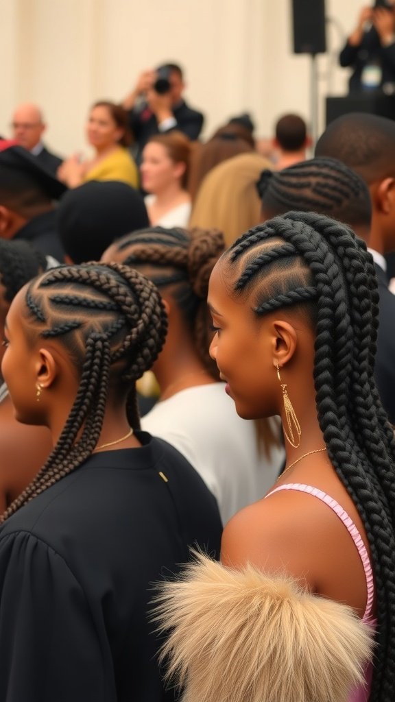 A group of individuals showcasing short bohemian knotless braids at an event.