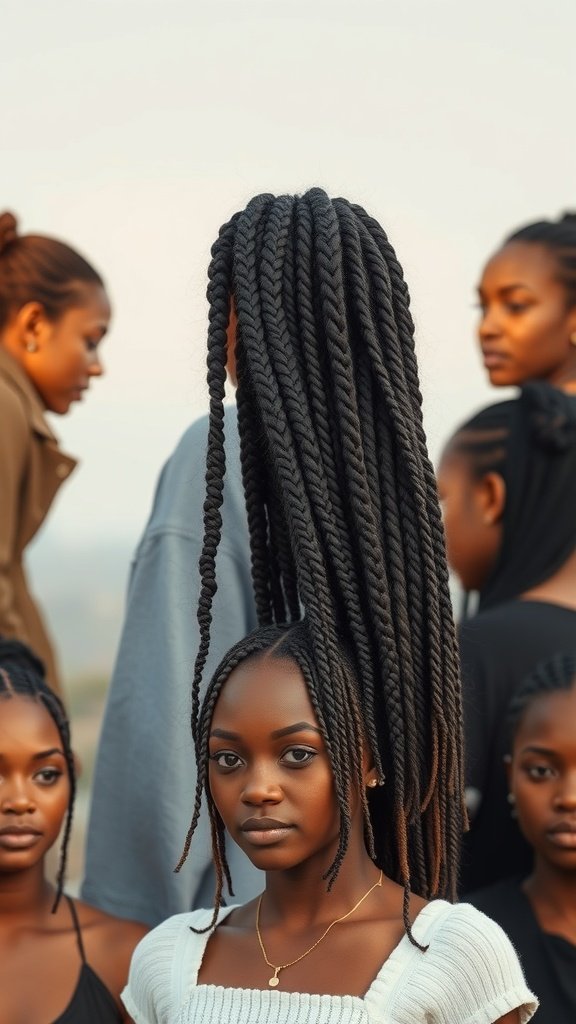 A group of women showcasing various styles of knotless braids, with one model featuring long, intricate braids.