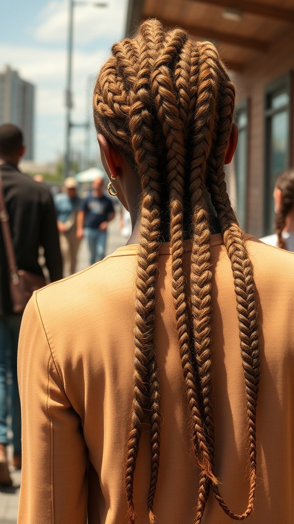 A woman with long knotless braids, showcasing a stylish and modern hairstyle.