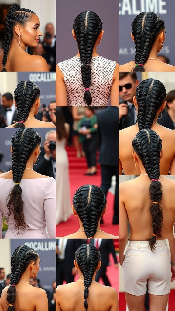 A collage of various knotless braid styles showcased on a red carpet.