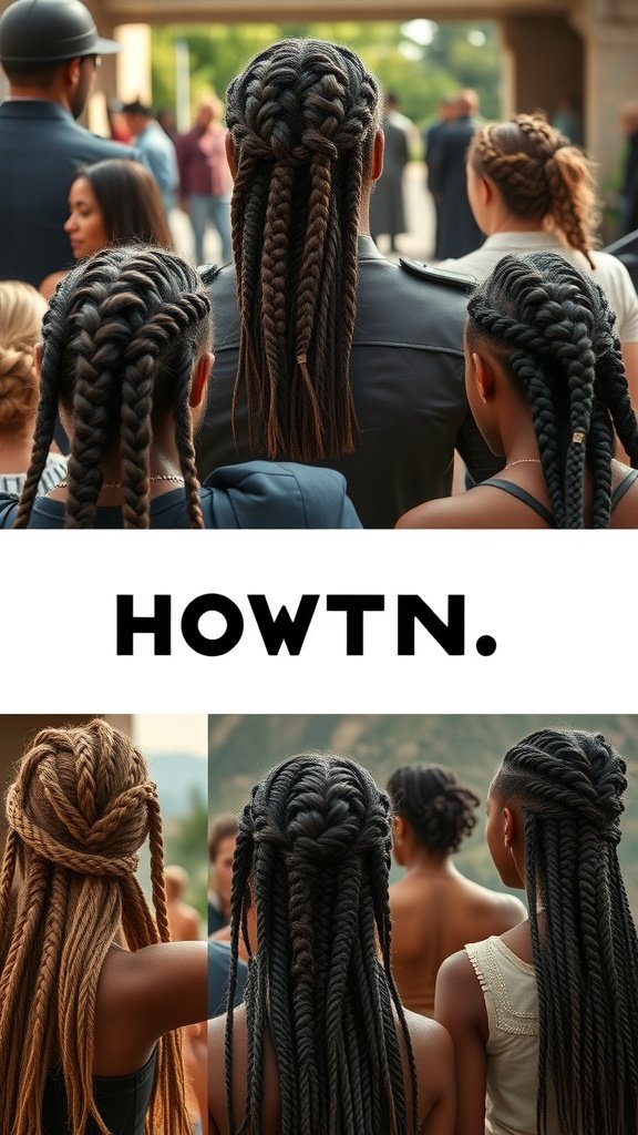 A group of individuals showcasing various knotless braid hairstyles, including intricate designs and different colors.
