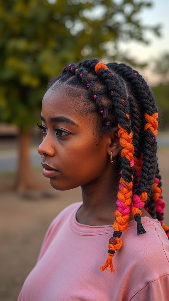 A close-up of a person with knotless braids in vibrant sunset hues of orange and pink.