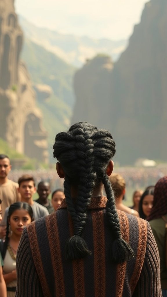 A person with Fulani knotless braids standing in front of a crowd, showcasing a unique hairstyle.