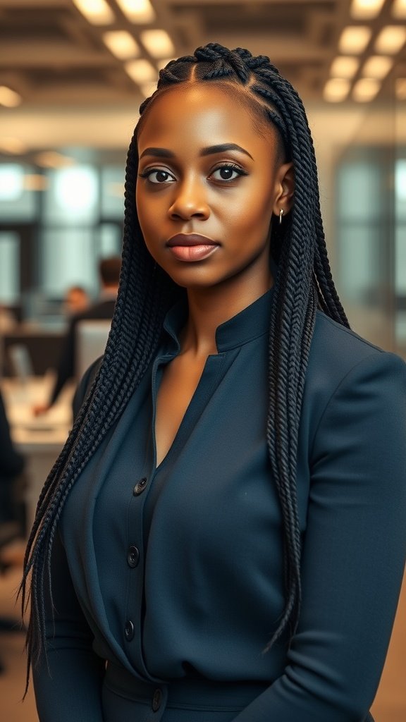 A professional woman with knotless braids in an office setting.