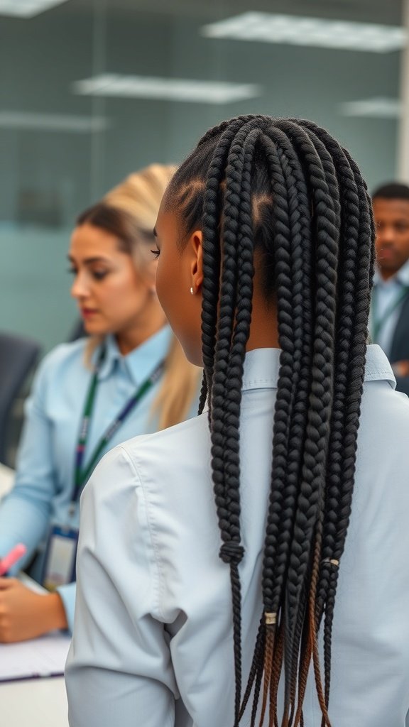A woman with medium boho knotless braids in a professional setting, engaged in a meeting.