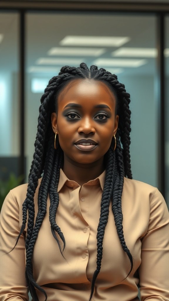 A woman with large boho knotless braids in a professional office setting.