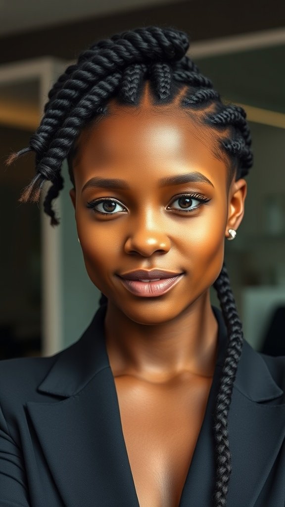 A woman with knotless braids styled elegantly in a professional setting.
