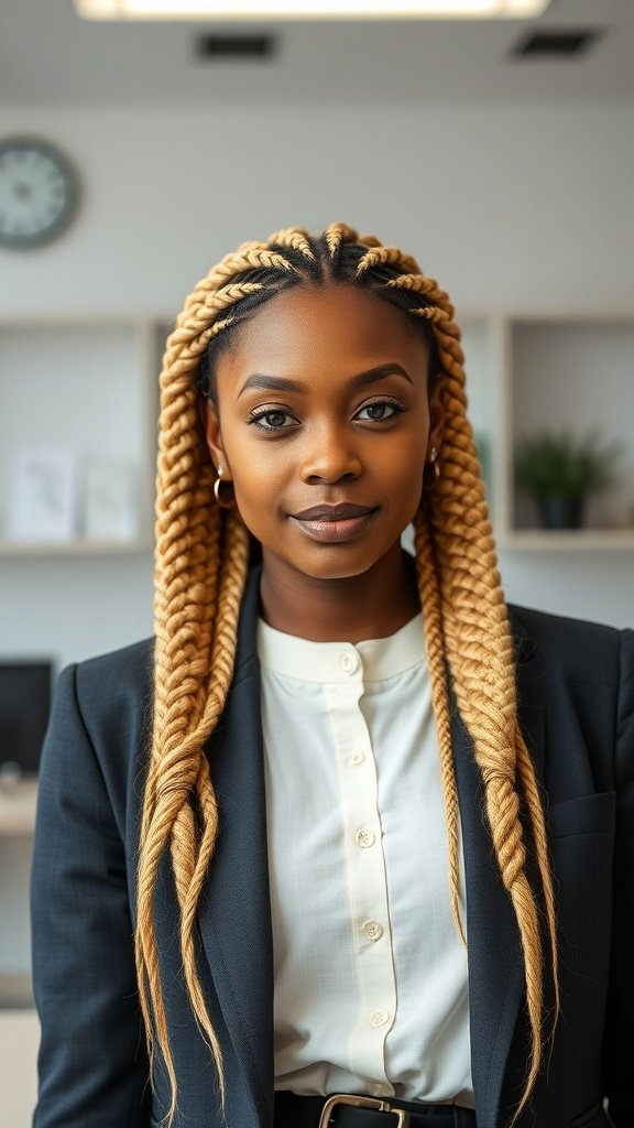 A woman with blonde knotless braids wearing a professional outfit in an office setting.