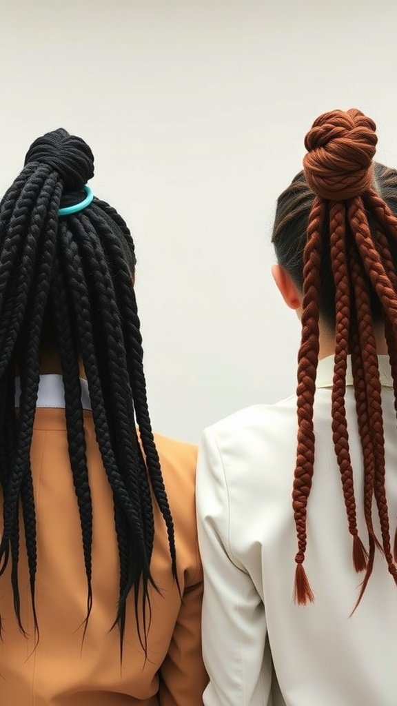 Two individuals with long knotless braids, one in black and the other in reddish-brown, showcasing different styles suitable for the workplace.