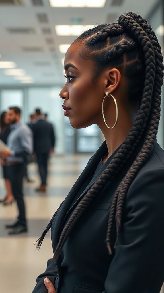 A woman with knotless braids in a professional setting, showcasing a stylish and polished look.