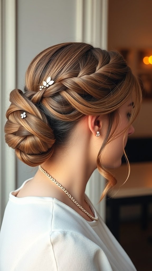 A woman with knotless braids styled into a low bun, adorned with hairpins.