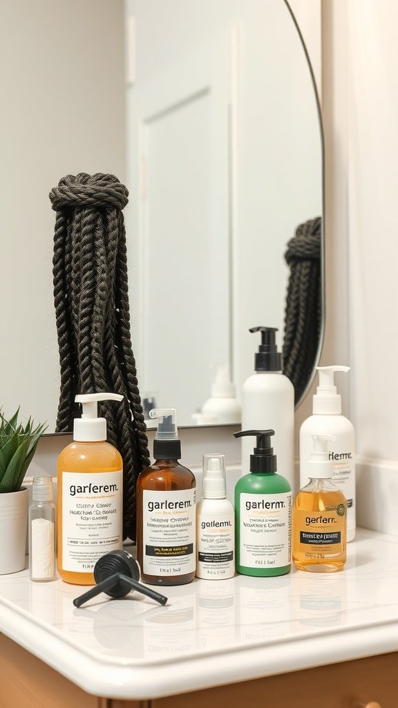 A variety of hair care products for maintaining small boho knotless braids on a bathroom counter.