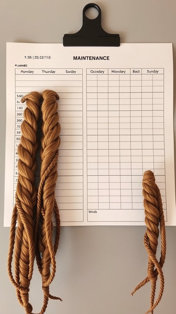 A maintenance chart with braided hair, illustrating a schedule for caring for large knotless braids.