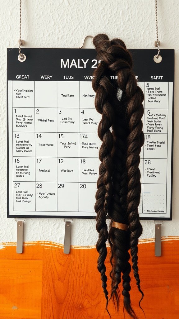 A calendar with a braid hanging from it, representing a maintenance schedule for knotless braids.