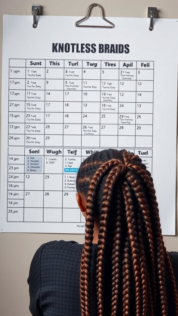 A maintenance schedule for knotless braids displayed on a wall, with a person looking at it from behind.