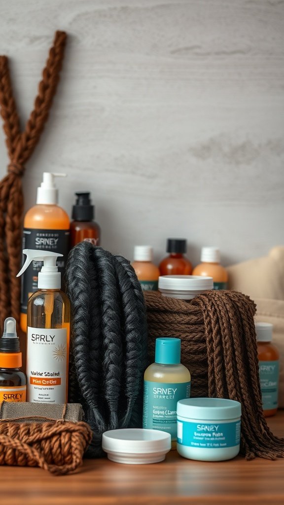 A collection of hair care products for maintaining knotless braids, featuring oils, creams, and braided hair.