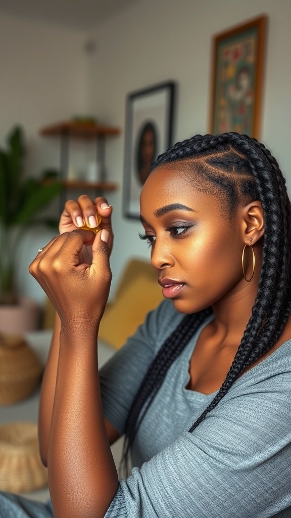 A woman with knotless braids, focusing on her hairstyle while holding a hair accessory.